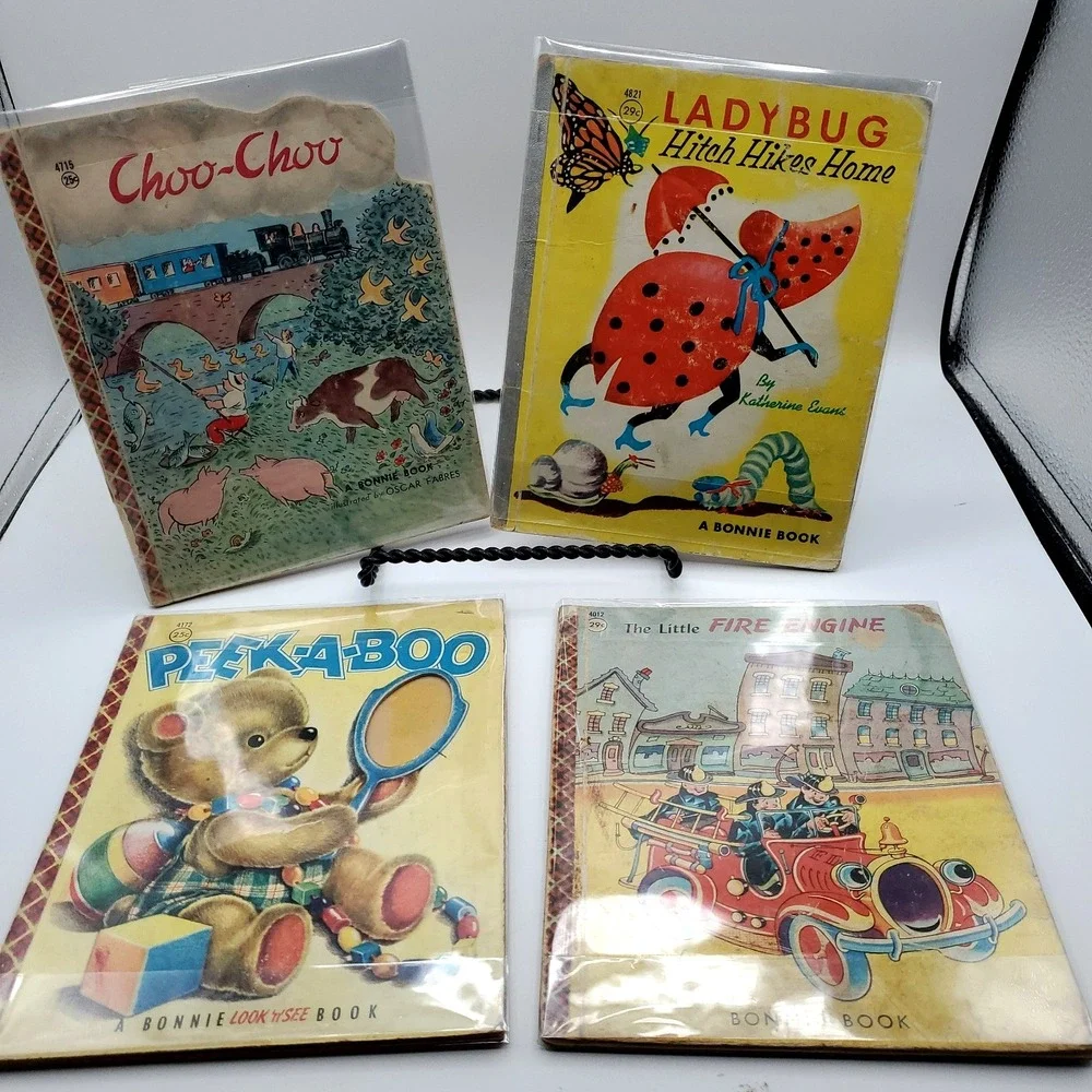 Vintage Bonnie Books Lot of 4 Peek A Boo Ladybug Choo Choo Fire Engine Childrens